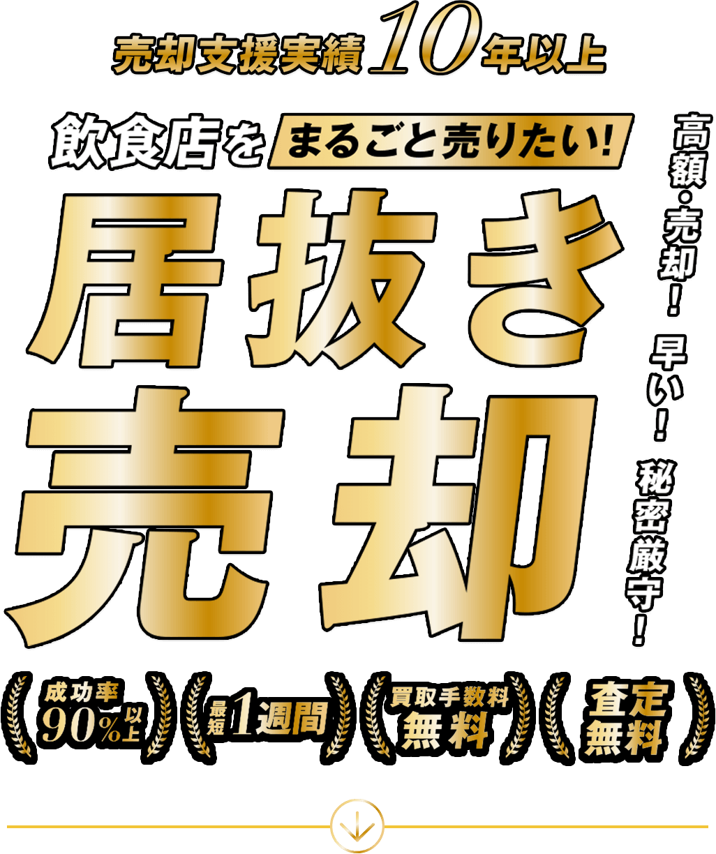 売却実績10年以上 飲食店を丸ごと売りたい！居抜き売却 高額・売却！早い！ひみつ厳守